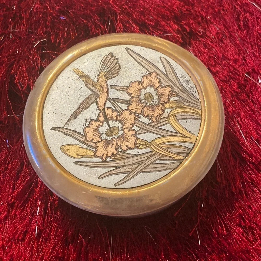 HUMMINGBIRD Round Trinket Box Black Porcelain 24k Gold The Art of Chokin Vintage